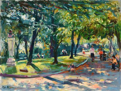 null Max AGOSTINI (1914-1997) Families in the public garden Oil on canvas Signed...