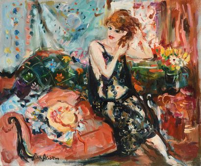 null Max AGOSTINI (1914-1997) Janet sur le canapé rouge, 1980 Huile sur toile. Signée...