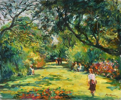 null Max AGOSTINI (1914-1997) Promeneurs dans le parc de Vincennes Huile sur toile...