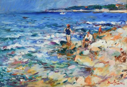 null Max AGOSTINI (1914-1997) Fishermen on the rocks, beach at Cassis Oil on canvas....