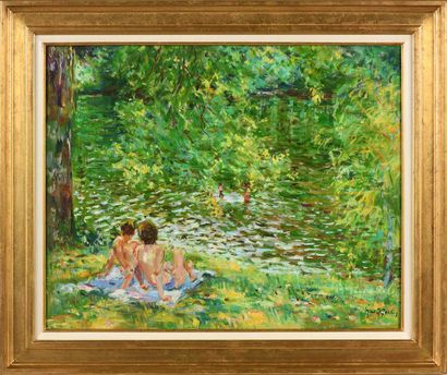 null Max AGOSTINI (1914-1997) Bathers in the River Oil on canvas. Signed lower right....