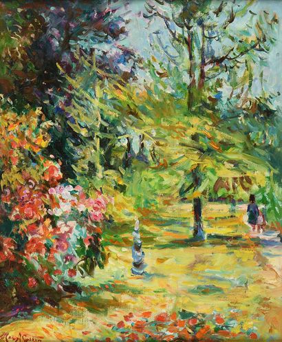 null Max AGOSTINI (1914-1997) Promenade dans un sous-bois fleuri Huile sur toile...