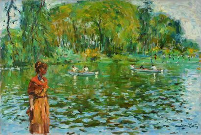 null Max AGOSTINI (1914-1997) Janet with orange shawl by the pond Oil on canvas....