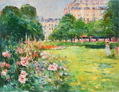 null Max AGOSTINI (1914-1997) The garden in bloom at the traffic circle of the Champs-Elysées...