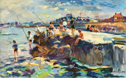null Max AGOSTINI (1914-1997) The fishermen in the vicinity of Marseille Oil on canvas....