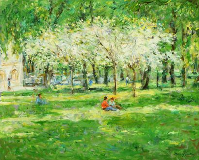 null Max AGOSTINI (1914-1997) Conversations under the trees in bloom Oil on canvas....