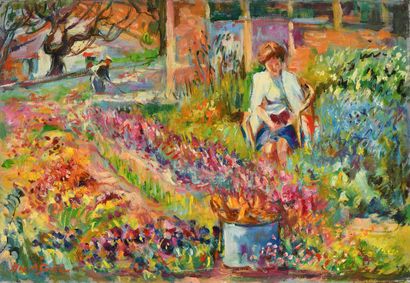 null Max AGOSTINI (1914-1997) Janet reading in the garden Oil on canvas. Signed lower...