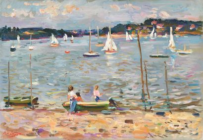 null Max AGOSTINI (1914-1997) The sails on the lake of Eguzon, Berry Oil on canvas....