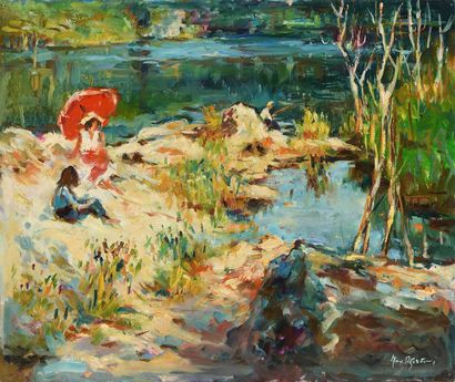null Max AGOSTINI (1914-1997) Pêcheur en bord de rivière Huile sur toile. Signée...