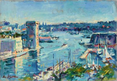null Max AGOSTINI (1914-1997) L entrée du vieux port de Marseille Huile sur toile....