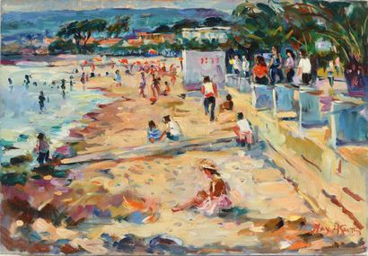 null Max AGOSTINI (1914-1997) La plage Les Lecques Huile sur toile. Signée en bas...