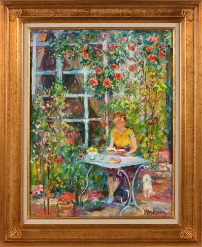 null Max AGOSTINI (1914-1997) Young woman reading with her little dog under the rosebush...