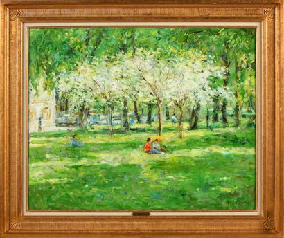null Max AGOSTINI (1914-1997) Conversations sous les arbres en fleur Huile sur toile....