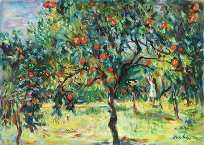 null Max AGOSTINI (1914-1997) Apple picking Oil on canvas. Signed lower right. 38...