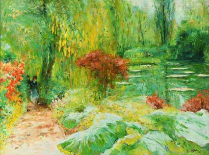 null Max AGOSTINI (1914-1997) The path near the water lily pond in Giverny Oil on...