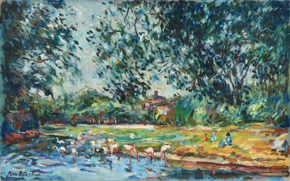 null Max AGOSTINI (1914-1997) Flamands roses au bord de l eau, 1977 Huile sur toile....