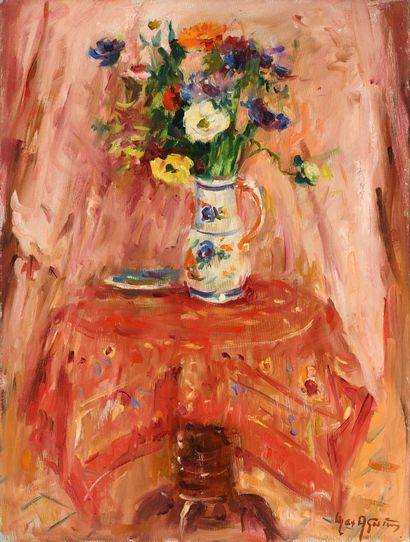 null Max AGOSTINI (1914-1997) Still life with a bunch of anemones and a jug Oil on...