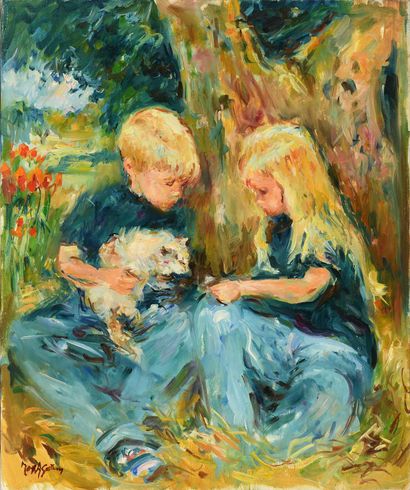 null Max AGOSTINI (1914-1997) Les enfants nourrissant un chat Huile sur toile. Signée...