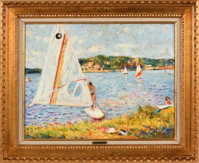 null Max AGOSTINI (1914-1997) Windsurfer on Lake Chambon Oil on canvas. Signed lower...