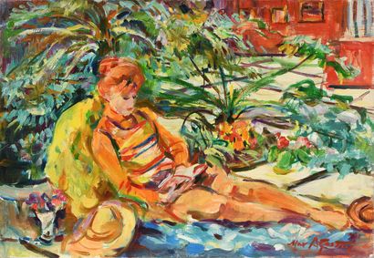 null Max AGOSTINI (1914-1997) Janet in the patio Oil on canvas signed lower right....