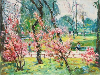 null Max AGOSTINI (1914-1997) Arbres en fleur au parc, Paris Huile sur toile Signée...