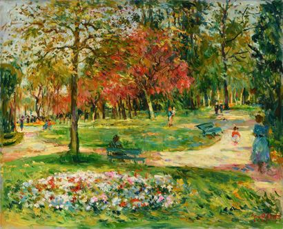 null Max AGOSTINI (1914-1997) The walk in the park Oil on canvas. Signed lower right....