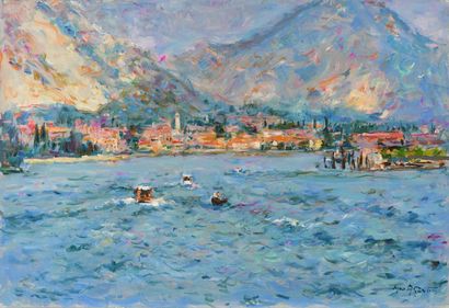 null Max AGOSTINI (1914-1997) Vue de Stresa depuis la mer, Italie Huile sur toile....