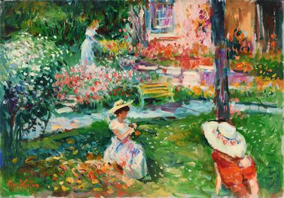 null Max AGOSTINI (1914-1997) Trois jeunes femmes au jardin Huile sur toile Signée...