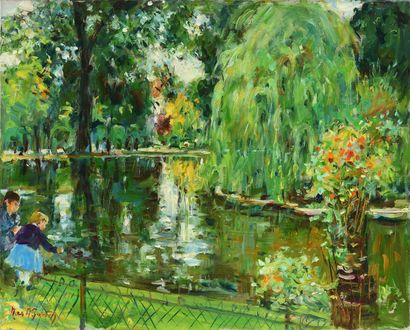 null Max AGOSTINI (1914-1997) Les enfants près de l étang du parc de Bagatelle Huile...
