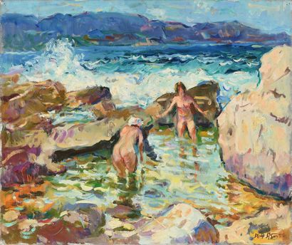 null Max AGOSTINI (1914-1997) Bathing Oil on canvas. Signed lower right. 46 x 55...
