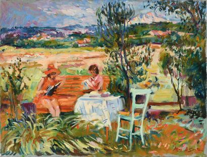 null Max AGOSTINI (1914-1997) Jeune femme assise sur un banc orange Huile sur toile...