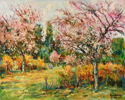 null Max AGOSTINI (1914-1997) Les cerisiers en fleur au printemps Huile sur toile...