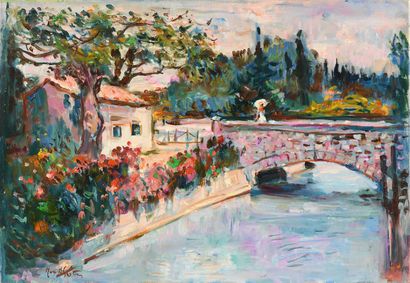 null Max AGOSTINI (1914-1997) Femme à l ombrelle traversant un pont Huile sur toile....
