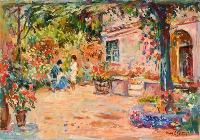 null Max AGOSTINI (1914-1997) Deux femmes en conversation au jardin Huile sur toile....