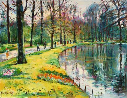 null Max AGOSTINI (1914-1997) Walkers by the pond Oil on canvas Signed lower left....