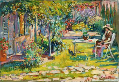 null Max AGOSTINI (1914-1997) Jeune femme au jardin assise devant la treille Huile...