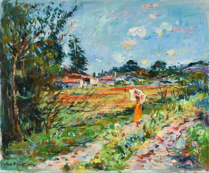null Max AGOSTINI (1914-1997) Femme à l ombrelle blanche Huile sur toile Signée en...