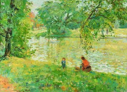 null Max AGOSTINI (1914-1997) Mère et enfant au bord du lac, 1992 Huile sur toile....