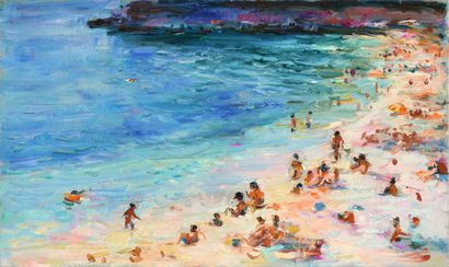 null Max AGOSTINI (1914-1997) La plage, sud de la France Huile sur toile. Cachet...