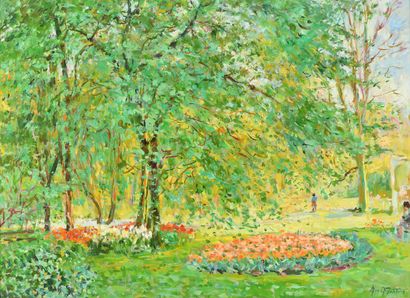 null Max AGOSTINI (1914-1997) The flowerbeds Oil on canvas. Signed lower right. 73...