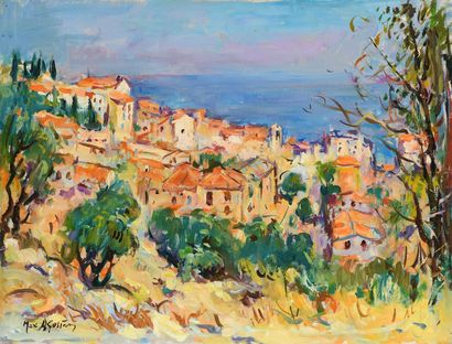 null Max AGOSTINI (1914-1997) View of the village of Monticello, Corsica Oil on canvas....