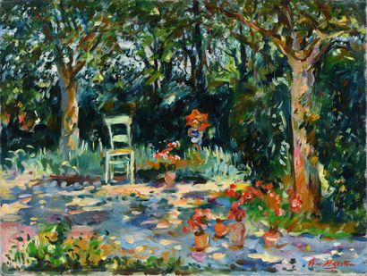 null Max AGOSTINI (1914-1997) Enfant dans le jardin à Palette, 1973 Huile sur toile...