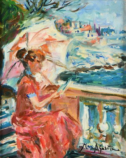 null Max AGOSTINI (1914-1997) Janet à l ombrelle sur une terrasse à Marseille Huile...