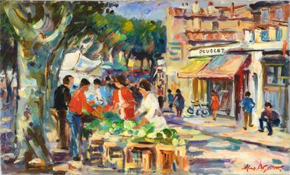 null Max AGOSTINI (1914-1997) Le marché sur la place du village Huile sur toile....
