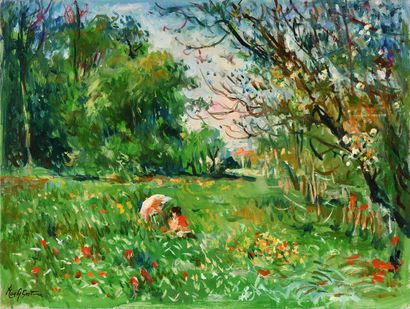 null Max AGOSTINI (1914-1997) Jeune femme assisse dans la prairie Huile sur toile...