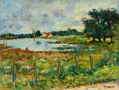 null Max AGOSTINI (1914-1997) House at the edge of the pond, Indre Oil on canvas....