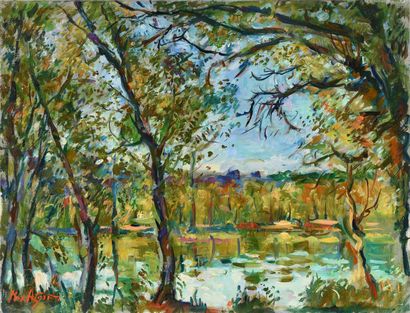 null Max AGOSTINI (1914-1997) The Pond in Springtime Oil on canvas. Signed lower...