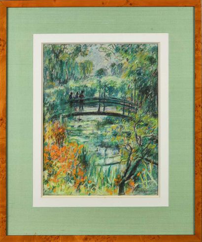 null Max AGOSTINI (1914-1997) Japanese bridge at Giverny Pastel on paper Signed lower...