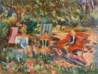 null Max AGOSTINI (1914-1997) Two children in the garden Oil on canvas. Signed lower...