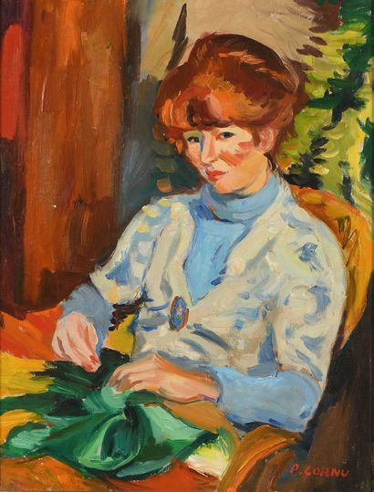 null Pierre CORNU (1895-1996) Janet à la couture Huile sur toile. Signée en bas à...